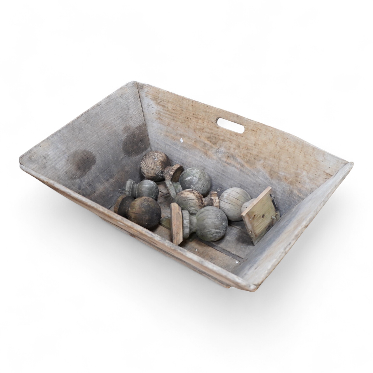 A wood dough bin and various wood finials, largest 77cm